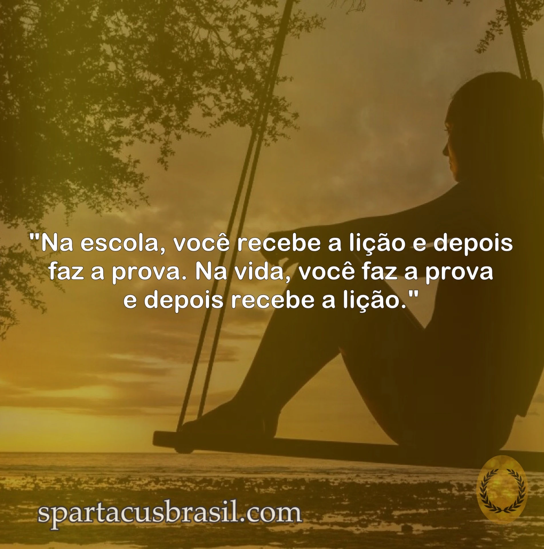 "Na escola, você recebe a lição e depois faz a prova. Na vida, você faz a prova e depois recebe a lição." imagem